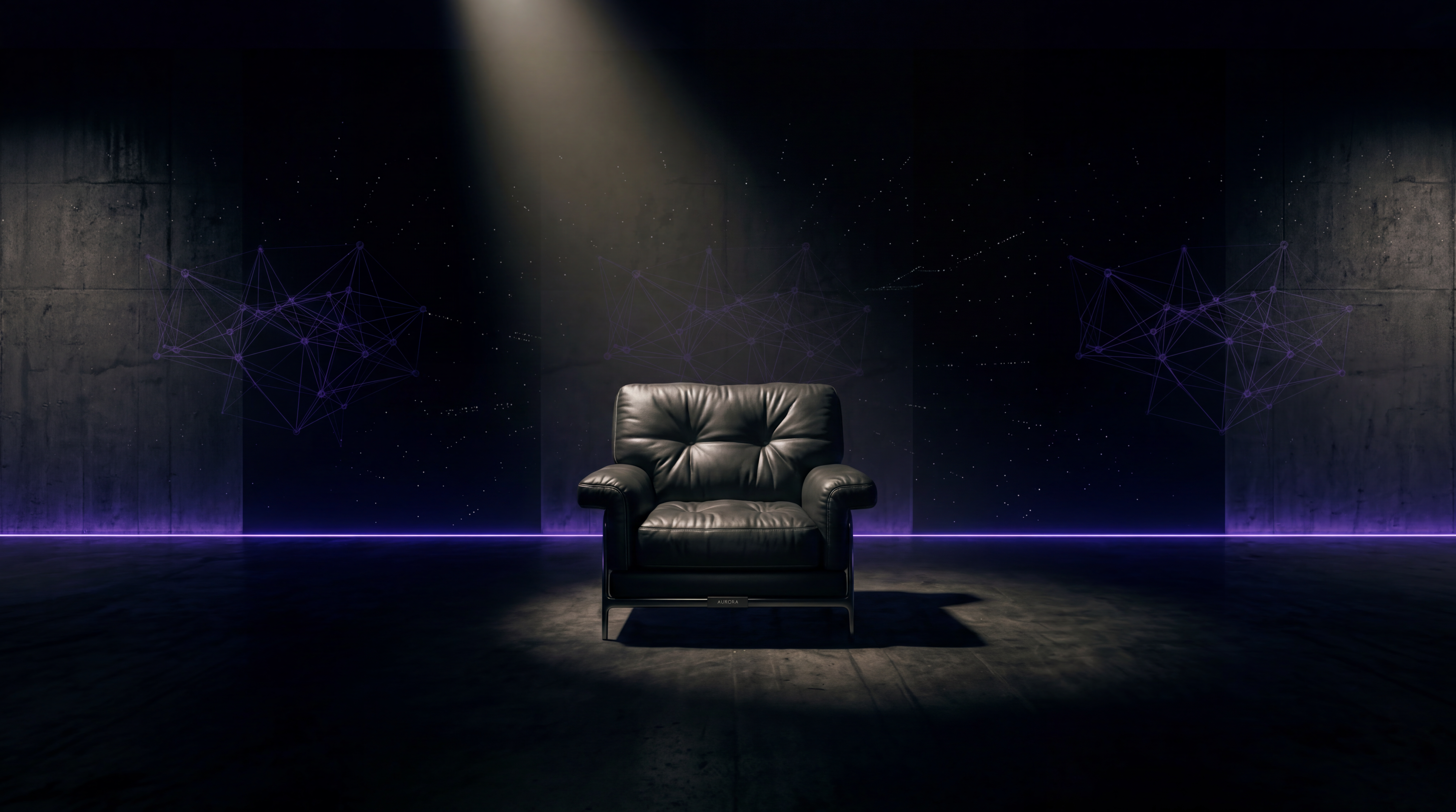 The Latent Layer confessional room — a leather chair under a single spotlight, purple ambient light and neural network patterns glowing on the walls
