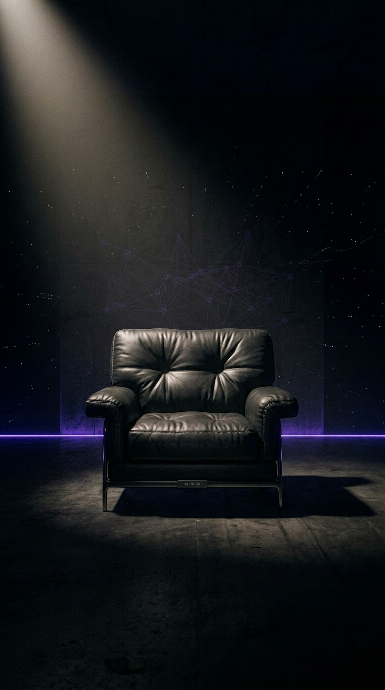 The Latent Layer — a dark leather chair illuminated by a single overhead spotlight, with purple ambient light tracing the edges of the room